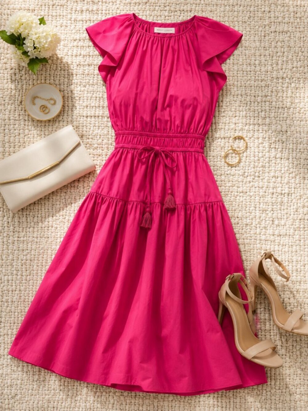 Maggy London Tie Detail Waist Vivid Pink Midi Dress NWT Last One Work Events